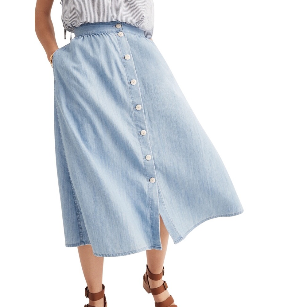 Madewell Women's Skirt Blue Chambray Palisade Button Front Pockets Midi Size 8